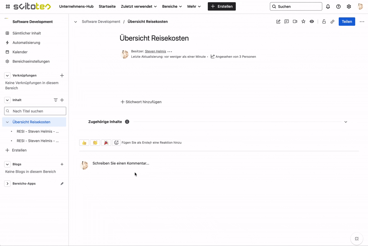 Zeigt Best Practice für eine Übersicht von Reisekostenabrechnungen in Confluence